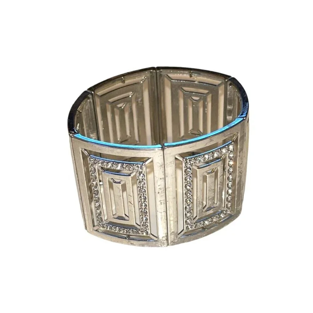 Silver Cube Block Clear Rhinestone MCM Retro Prom Bridal Stretch Bracelet